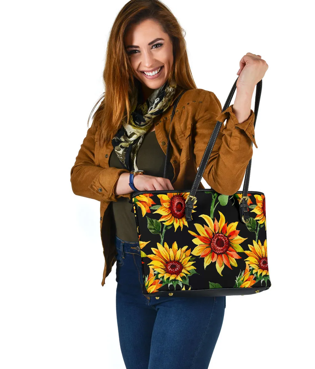Sunflowers on Black Vegan Leather Tote Bag