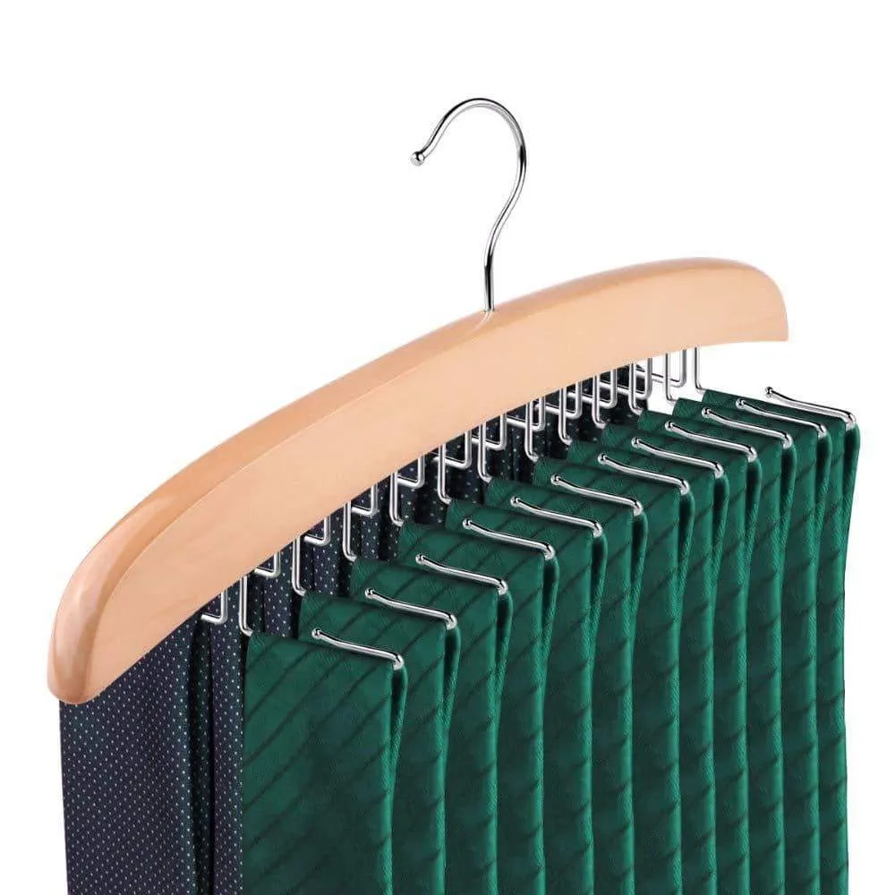 SunTrade Wooden Tie Hanger,24 Tie Organizer Rack Hanger Holder Hook (Beige, 24 Hooks)