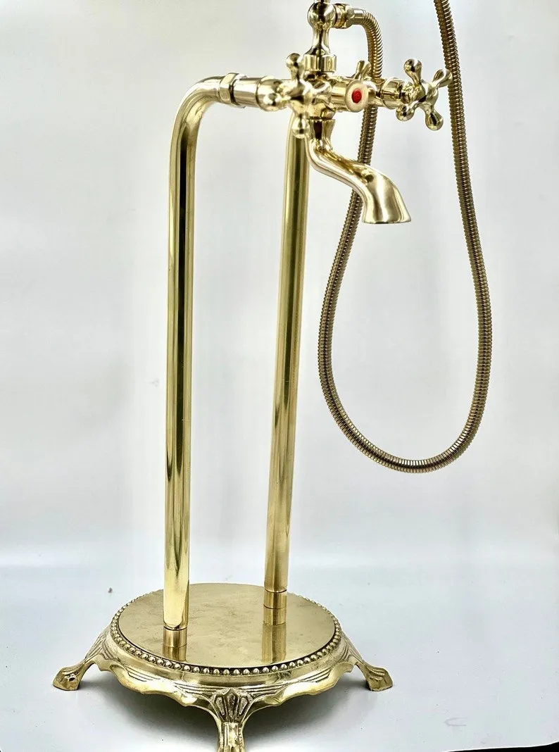 Unlacquered Brass Freestanding Antique Style Tub Filler Faucet - Solid Brass Bathtub Faucet