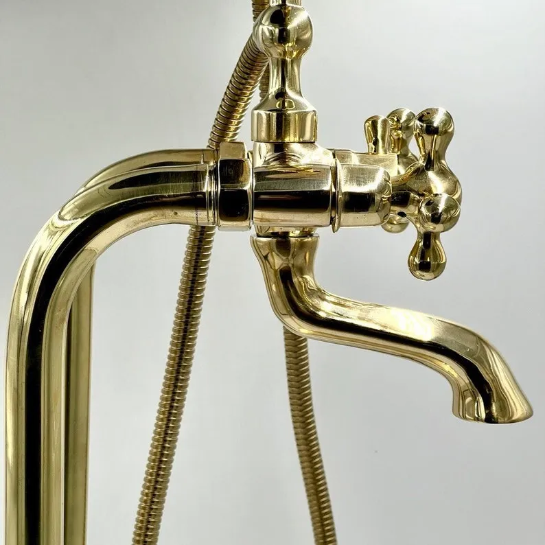 Unlacquered Brass Freestanding Antique Style Tub Filler Faucet - Solid Brass Bathtub Faucet