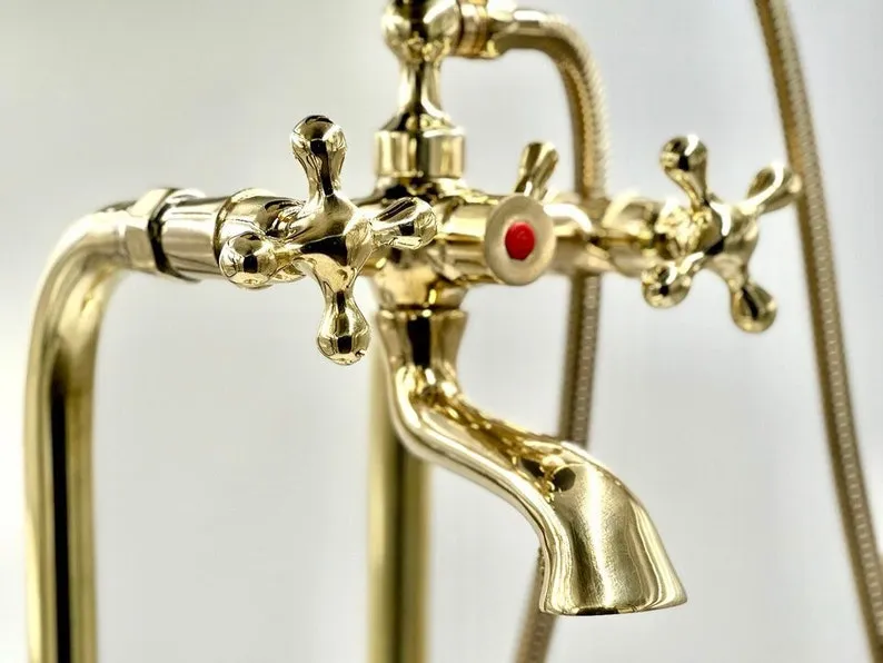 Unlacquered Brass Freestanding Antique Style Tub Filler Faucet - Solid Brass Bathtub Faucet