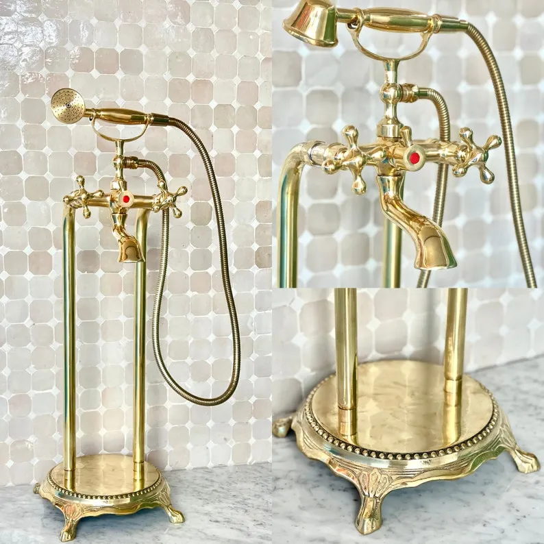 Unlacquered Brass Freestanding Antique Style Tub Filler Faucet - Solid Brass Bathtub Faucet
