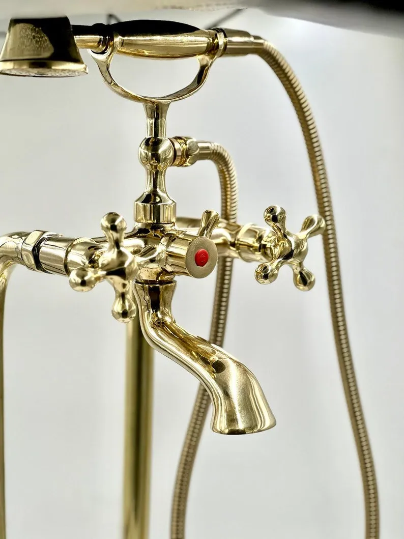 Unlacquered Brass Freestanding Antique Style Tub Filler Faucet - Solid Brass Bathtub Faucet