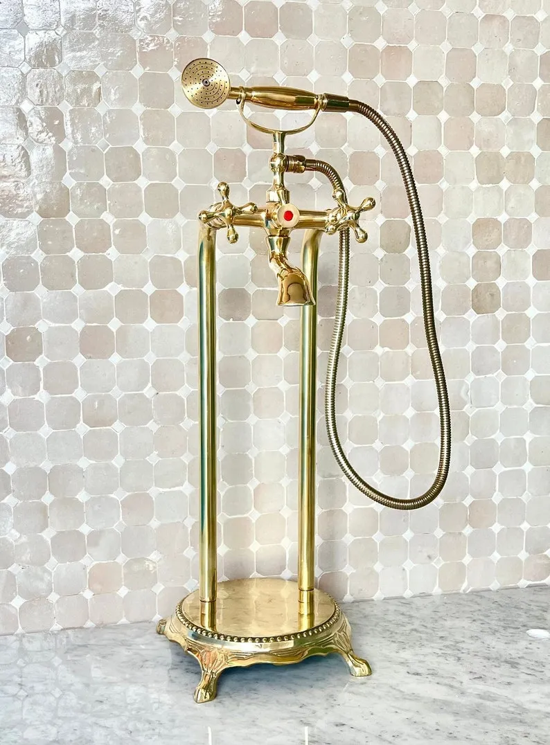 Unlacquered Brass Freestanding Antique Style Tub Filler Faucet - Solid Brass Bathtub Faucet
