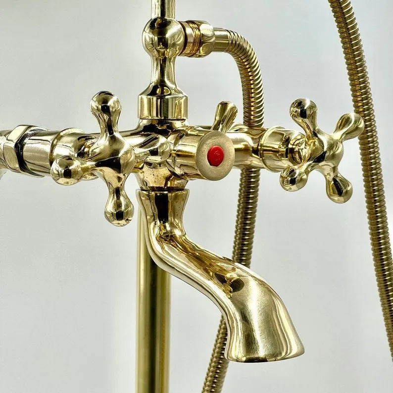 Unlacquered Brass Freestanding Antique Style Tub Filler Faucet - Solid Brass Bathtub Faucet